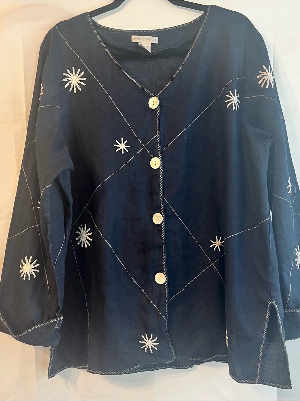 Lagenlook Annie Alexander 100%Linen Shirt Jacket Navy White Embroidery Starburst